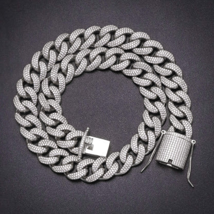 15MM White Gold Plated Chunky Iced out Cuban Link Chain Necklace