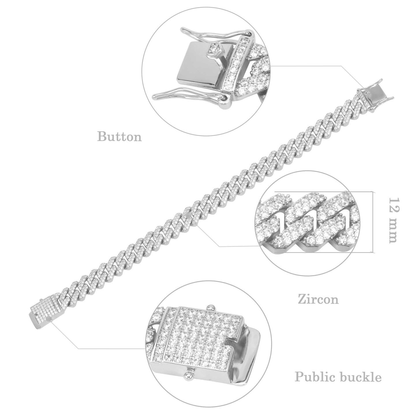 12MM White Gold Plated Iced Out Cuban Link Bracelet