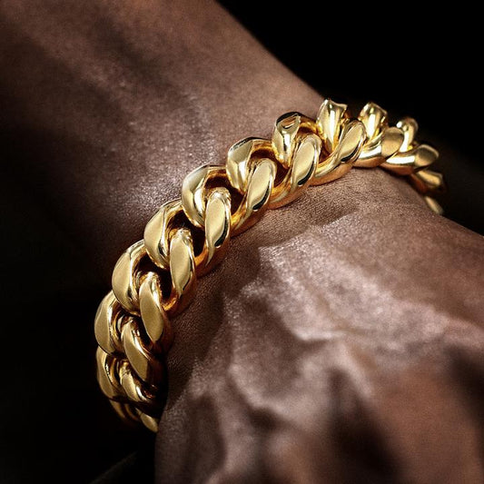 18K Gold Plated Solid Stainless Steel Iced Out Miami Cuban Link Bracelet For Men