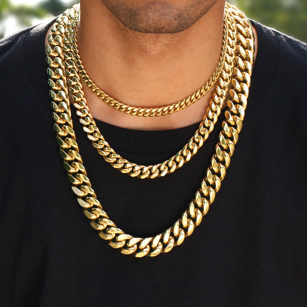 14K Gold Plated Iced Out Clasp Mens Miami Cuban Link Chain Necklace Stainless Steel 6-14MM