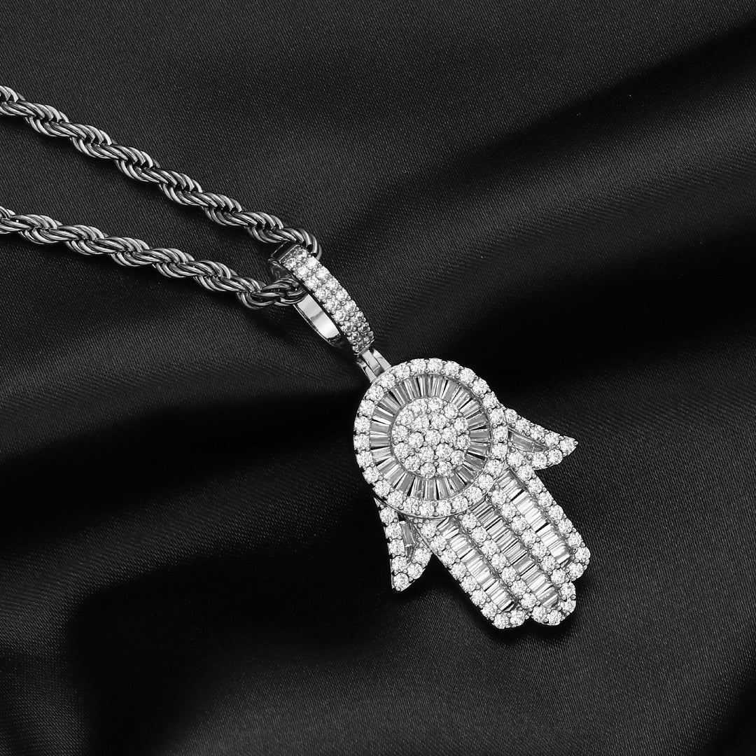 White Gold Baguette Iced Out Hamsa Hand Pendant