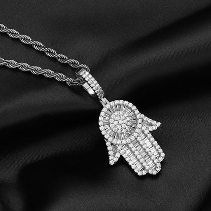 White Gold Baguette Iced Out Hamsa Hand Pendant