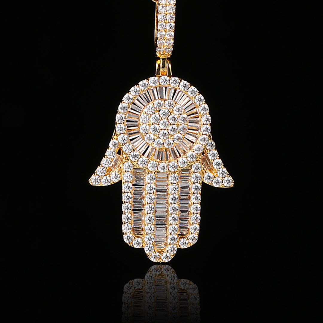 18K Gold Baguette Iced Out Hamsa Hand Pendant