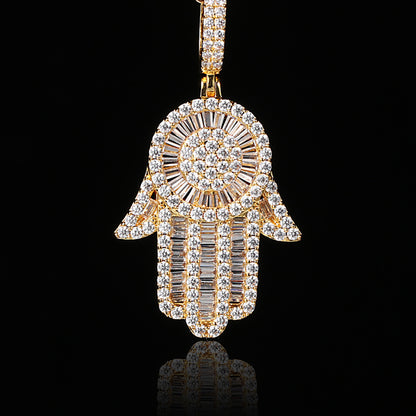 18K Gold Baguette Iced Out Hamsa Hand Pendant