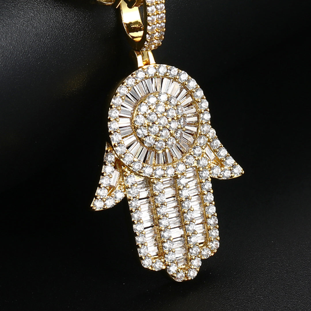 18K Gold Baguette Iced Out Hamsa Hand Pendant