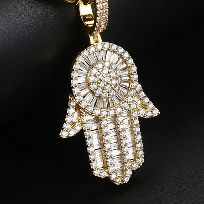 18K Gold Baguette Iced Out Hamsa Hand Pendant