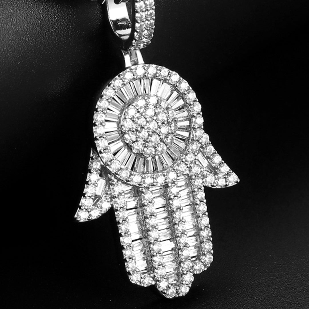 White Gold Baguette Iced Out Hamsa Hand Pendant