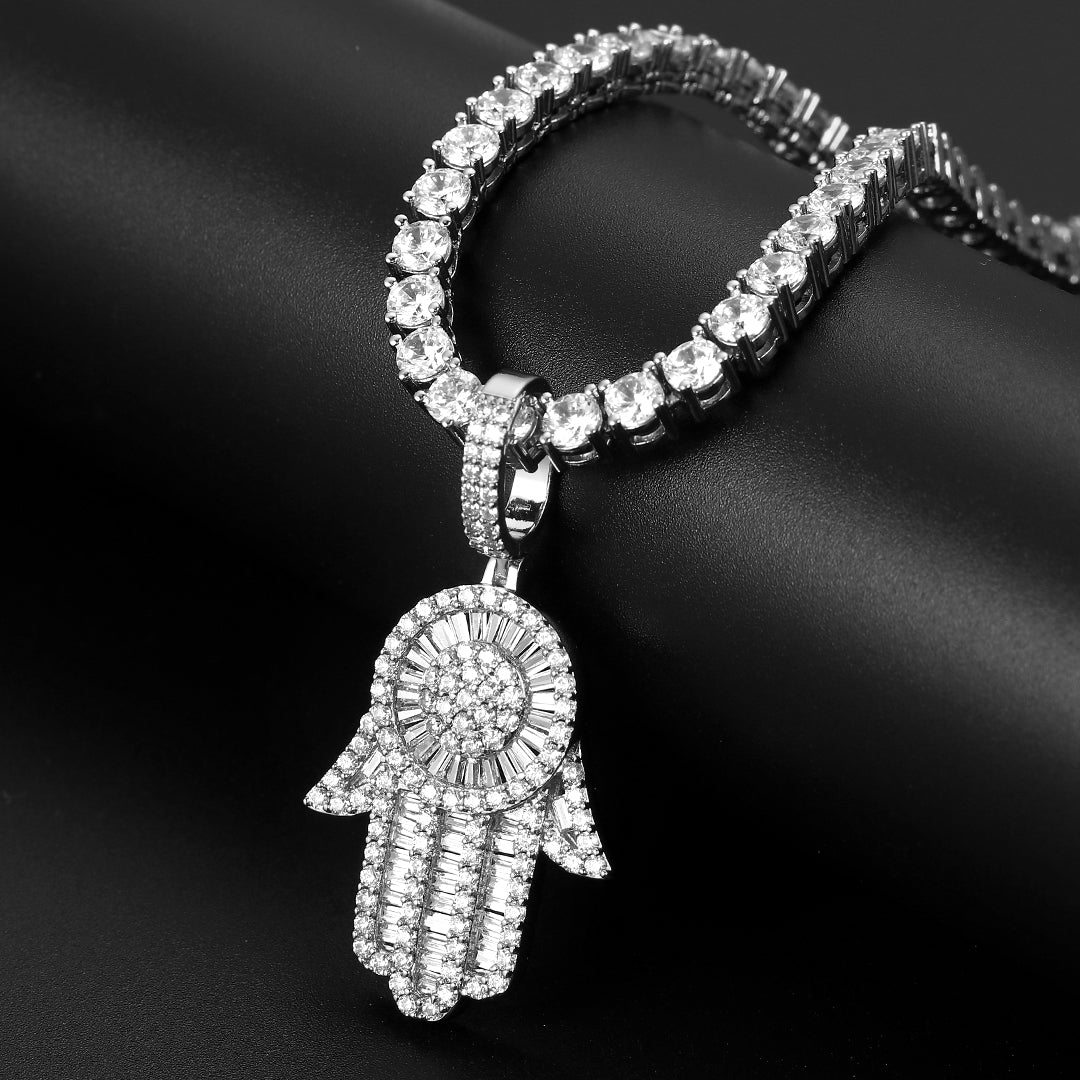 White Gold Baguette Iced Out Hamsa Hand Pendant