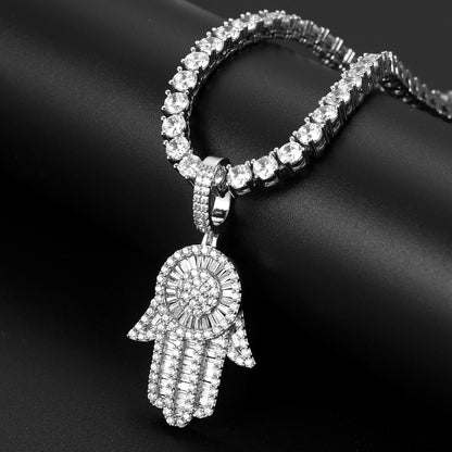 White Gold Baguette Iced Out Hamsa Hand Pendant