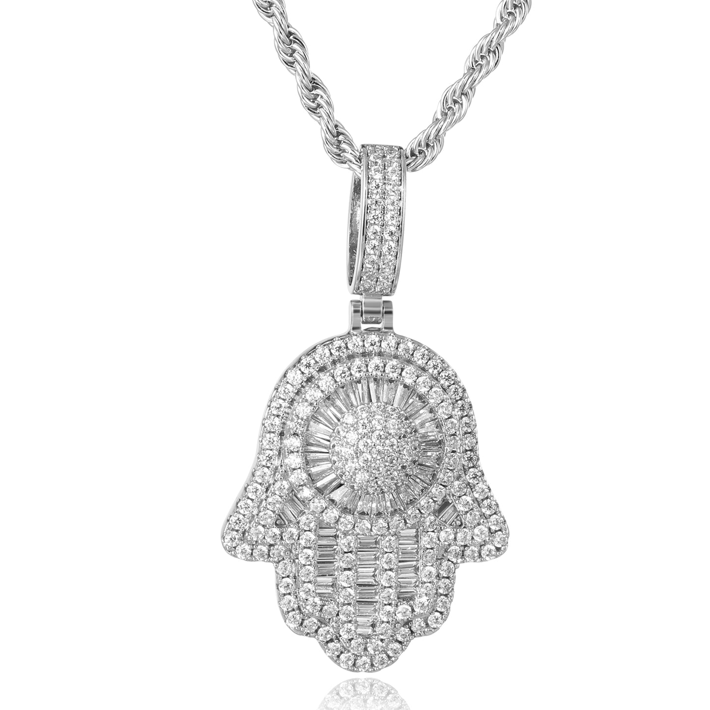 White Gold Baguette Iced Out Hamsa Hand Pendant