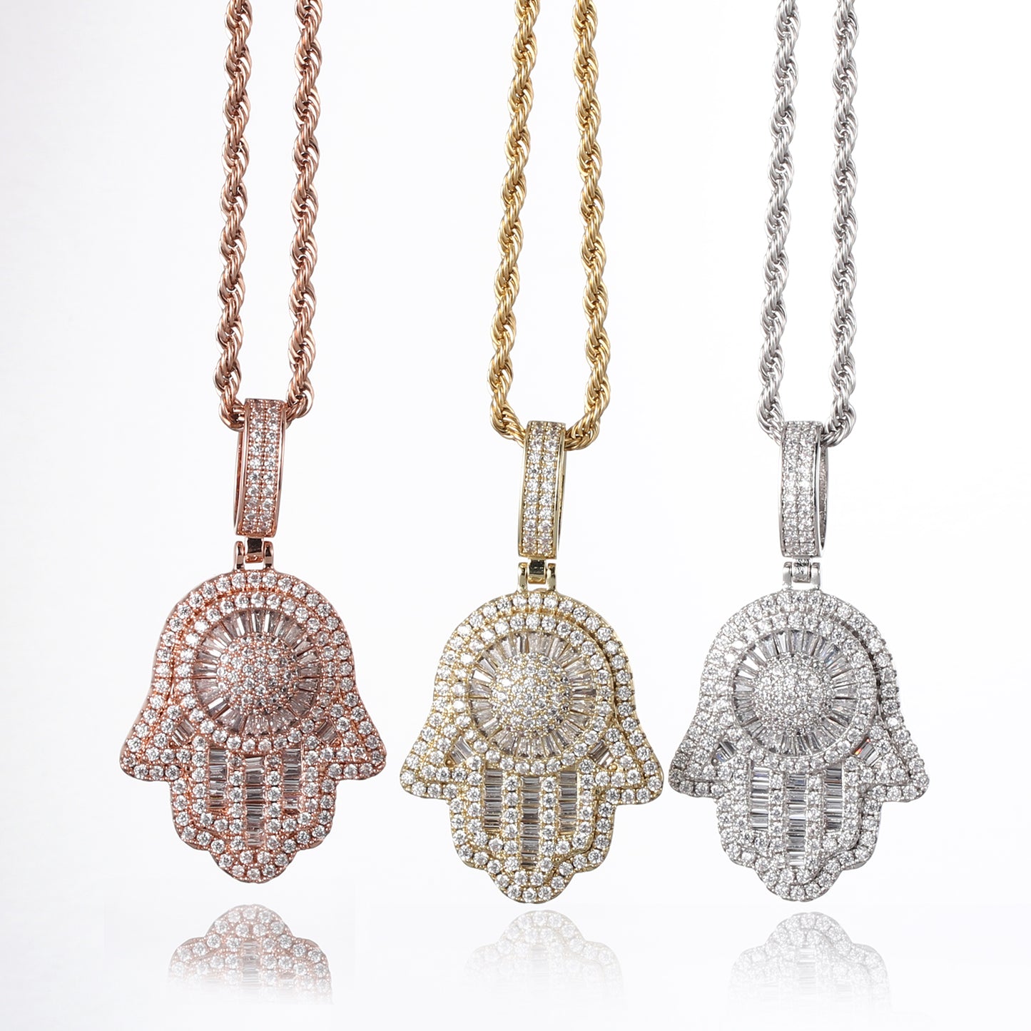 Rose Gold Baguette Iced OutHamsa Hand Pendant