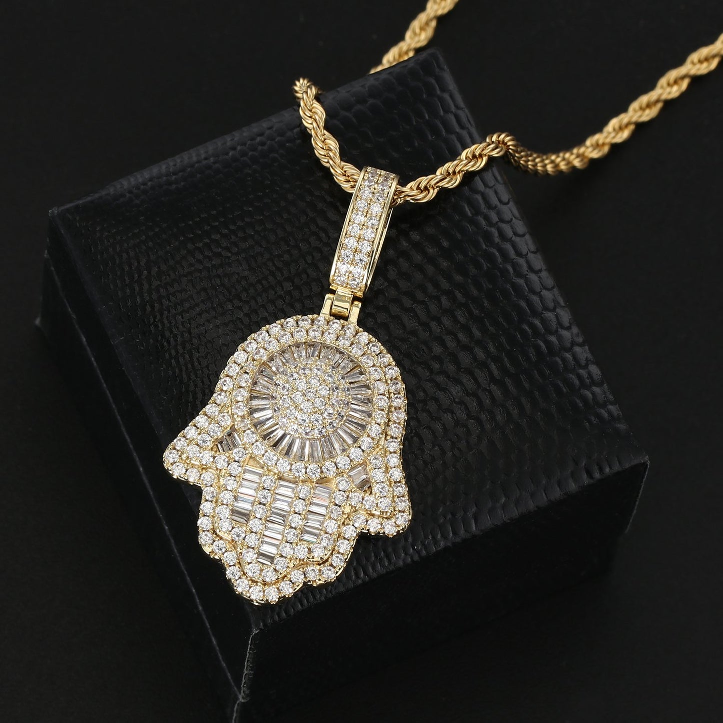 18K Gold Baguette Iced Out Hamsa Hand Pendant Hip Hop