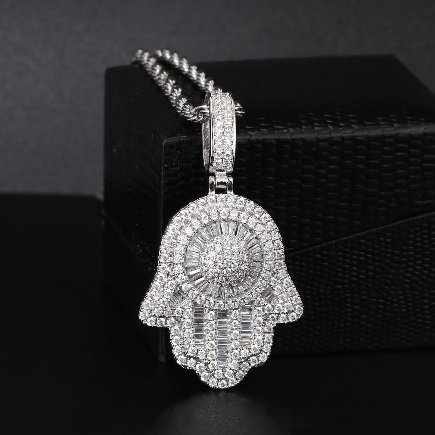 White Gold Baguette Iced Out Hamsa Hand Pendant