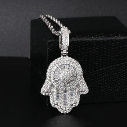 White Gold Baguette Iced Out Hamsa Hand Pendant