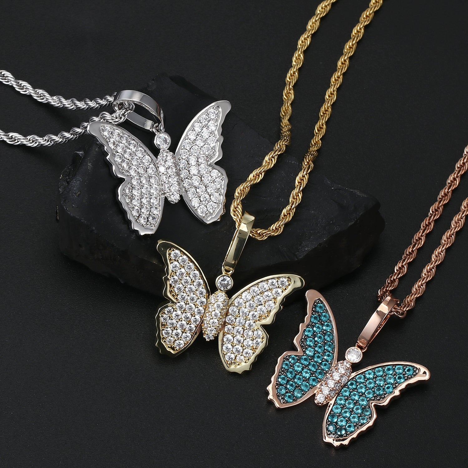 14K/White/Rose Gold Plated Iced Out Butterfly Pendant Tripodjewelry