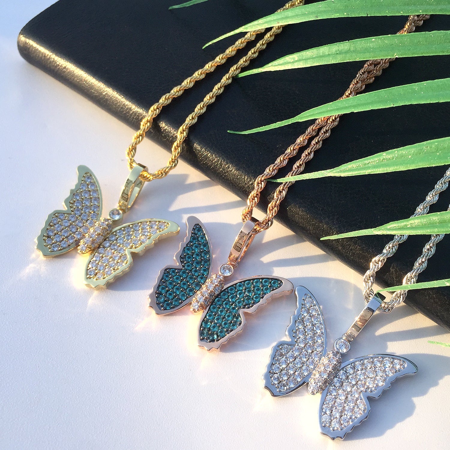 14K/White/Rose Gold Plated Iced Out Butterfly Pendant Tripodjewelry