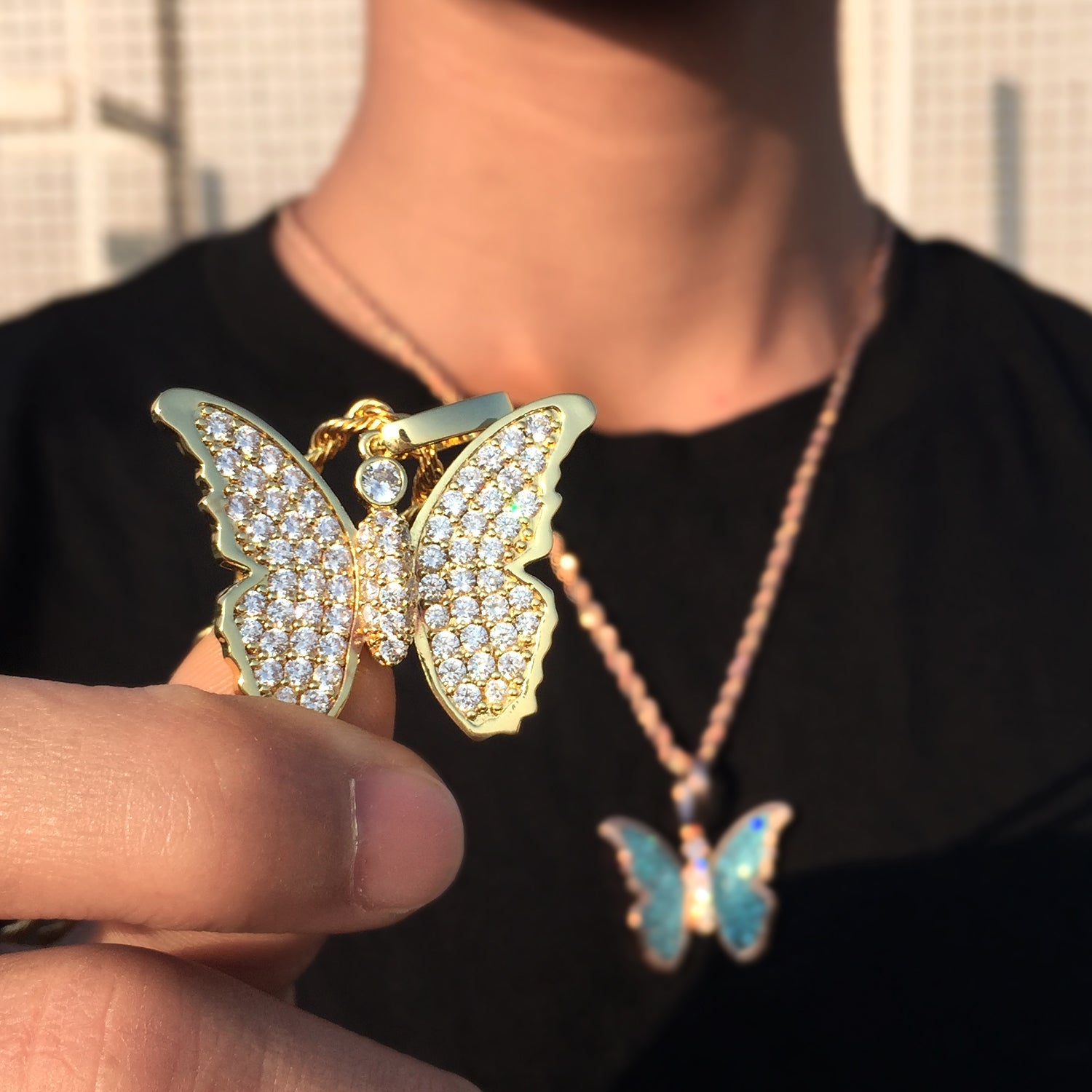 14K/White/Rose Gold Plated Iced Out Butterfly Pendant Tripodjewelry