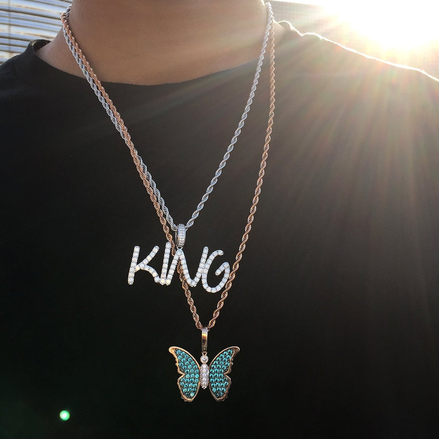 14K/White/Rose Gold Plated Iced Out Butterfly Pendant Tripodjewelry