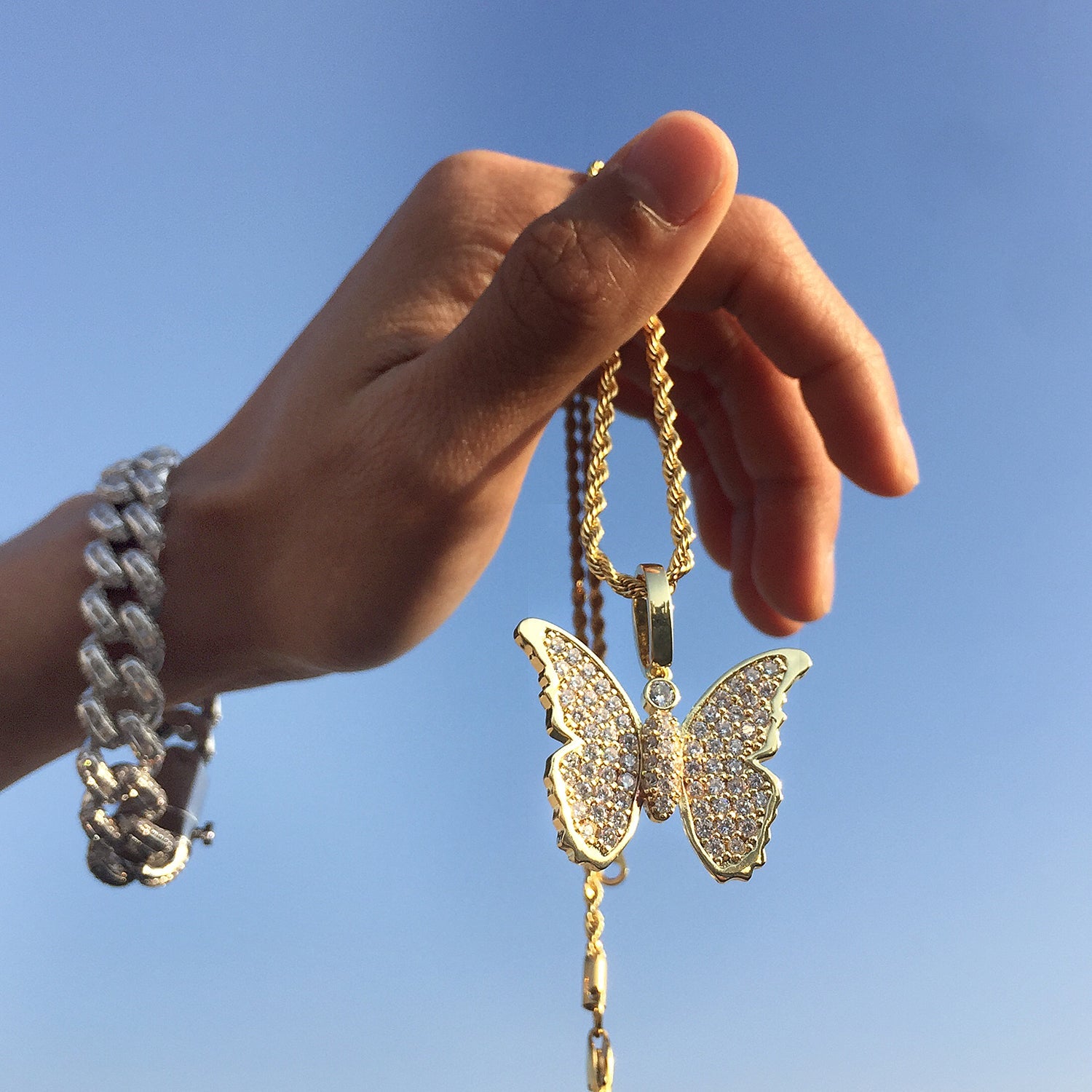 14K/White/Rose Gold Plated Iced Out Butterfly Pendant Tripodjewelry