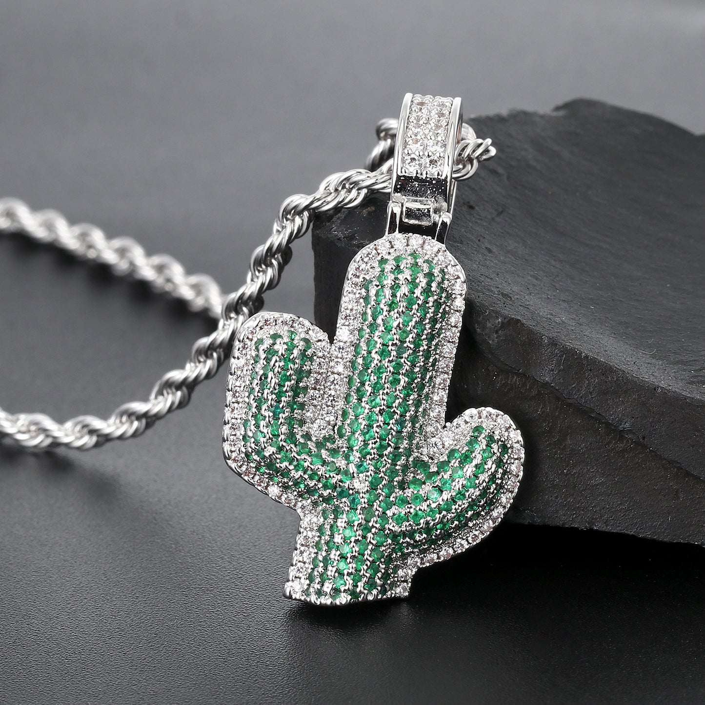 White Gold Diamond Cactus Pendant