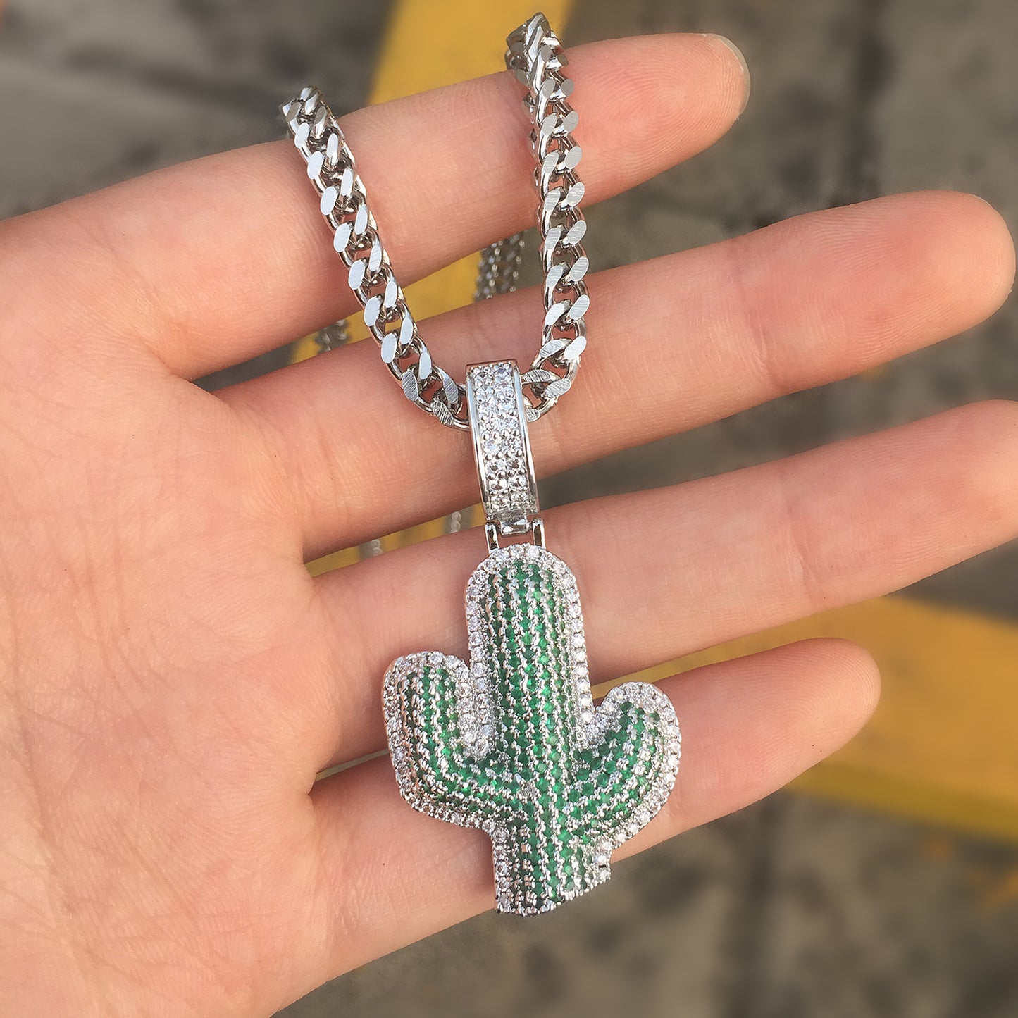 White Gold Diamond Cactus Pendant