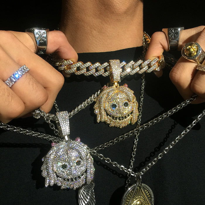 White Gold Large Iced Out Emoj Pendant Fit 18mm Chain