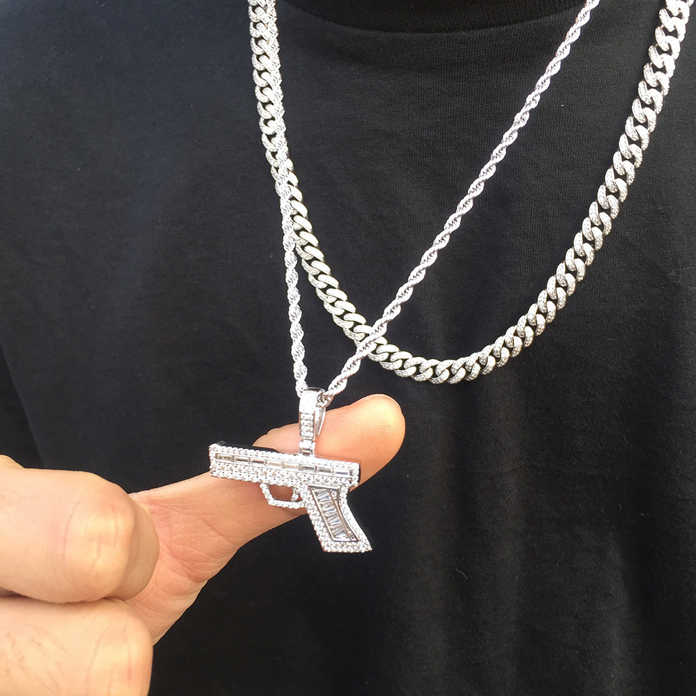 White Gold Iced Hip Hop Gun Pendant Tripodjewelry