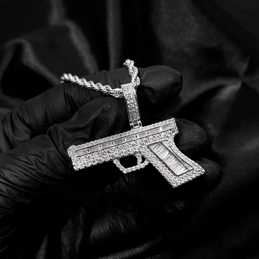 White Gold Iced Hip Hop Gun Pendant Tripodjewelry