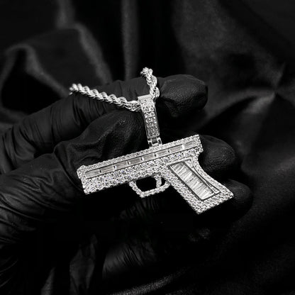 White Gold Iced Hip Hop Gun Pendant Tripodjewelry