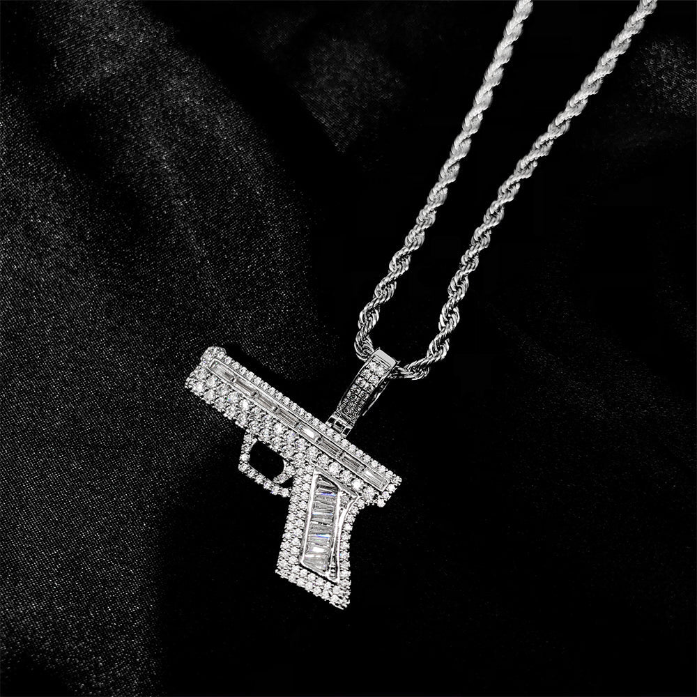 White Gold Iced Hip Hop Gun Pendant Tripodjewelry