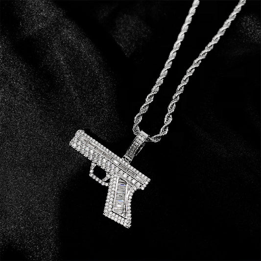 White Gold Iced Hip Hop Gun Pendant Tripodjewelry