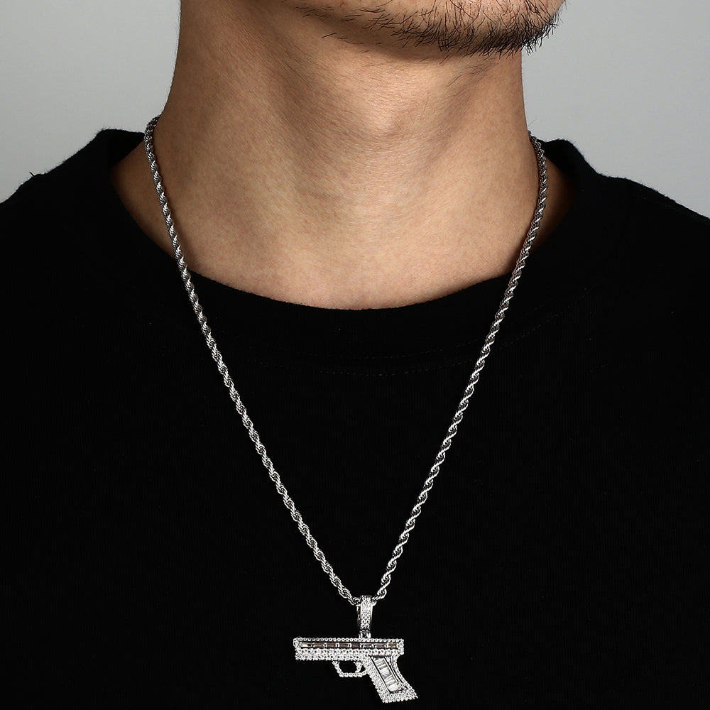 White Gold Iced Hip Hop Gun Pendant Tripodjewelry