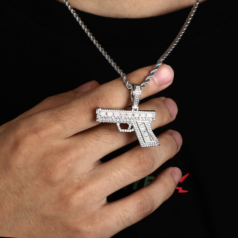 White Gold Iced Hip Hop Gun Pendant Tripodjewelry