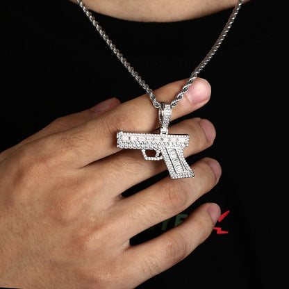 White Gold Iced Hip Hop Gun Pendant Tripodjewelry