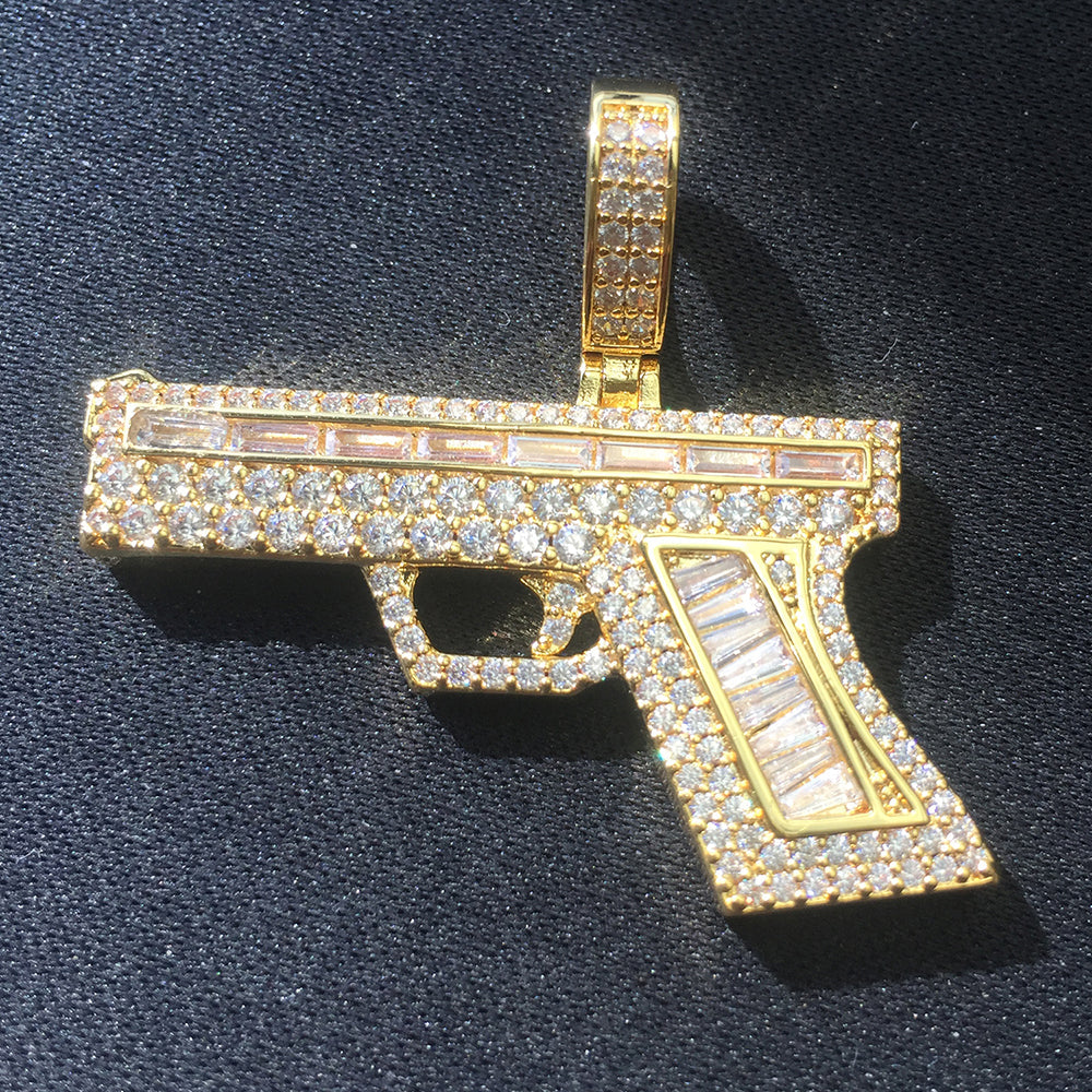 18k Gold Iced Hip Hop Gun Pendant Tripodjewelry