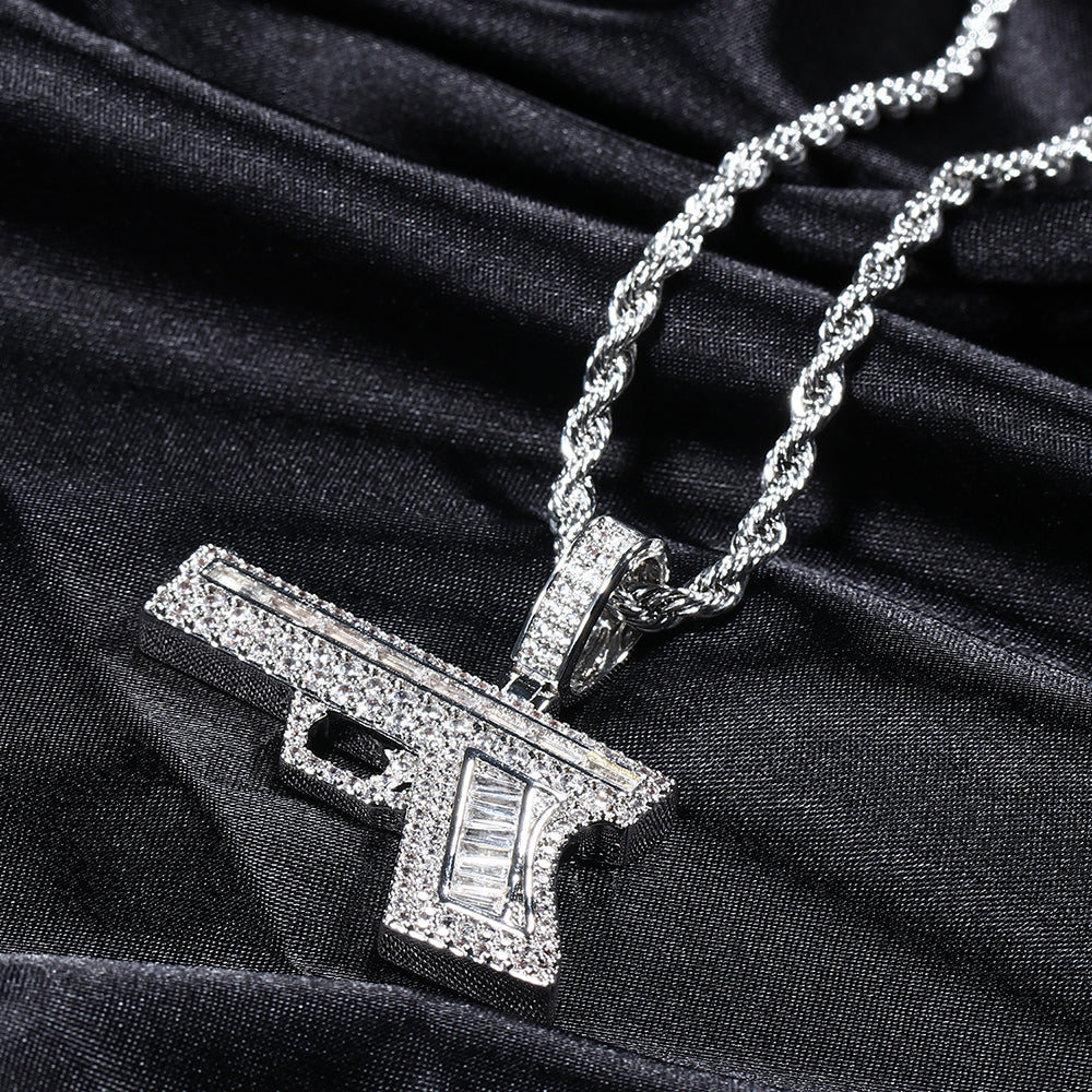 White Gold Iced Hip Hop Gun Pendant Tripodjewelry