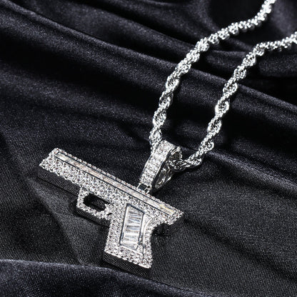 White Gold Iced Hip Hop Gun Pendant Tripodjewelry