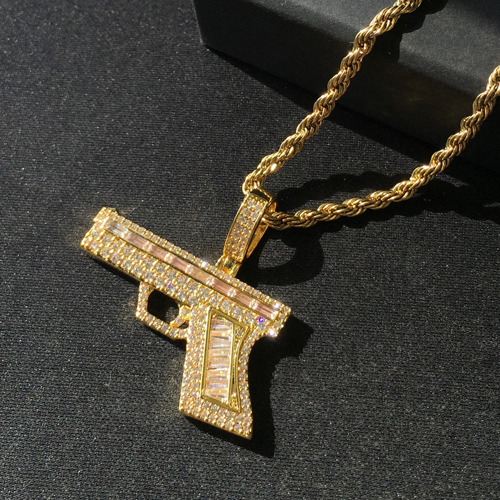 18k Gold Iced Hip Hop Gun Pendant Tripodjewelry