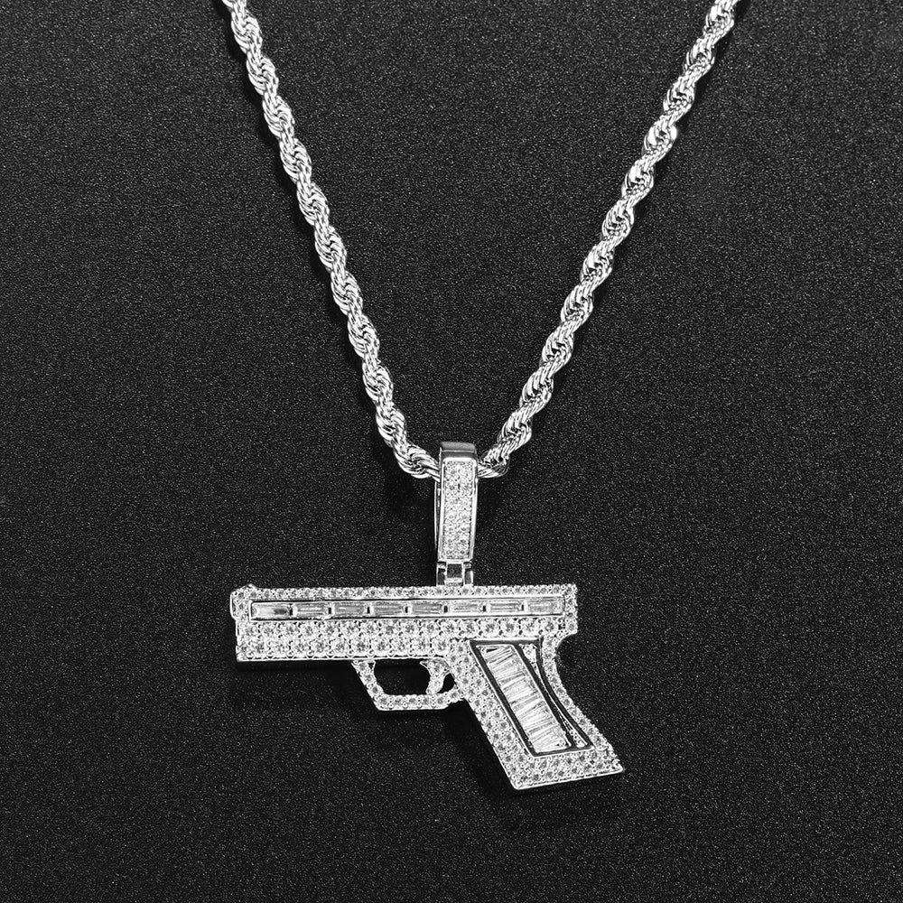 White Gold Iced Hip Hop Gun Pendant Tripodjewelry