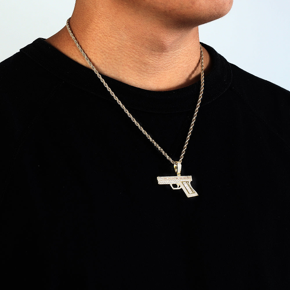 18k Gold Iced Hip Hop Gun Pendant Tripodjewelry