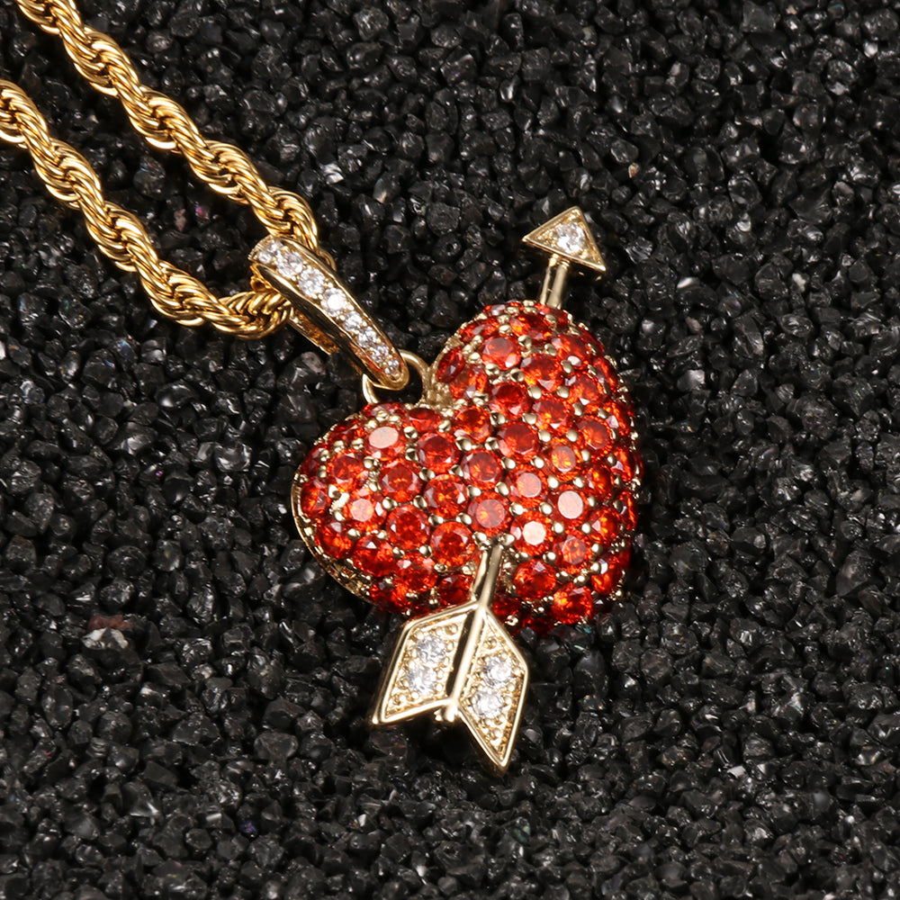 Gold Plated Iced Out Heart and Arrow Pendant