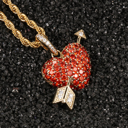 Gold Plated Iced Out Heart and Arrow Pendant
