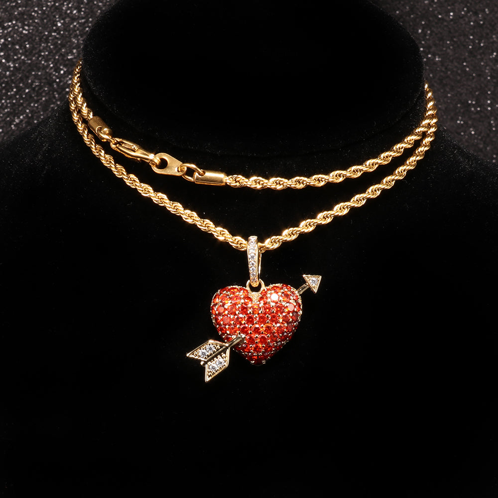Gold Plated Iced Out Heart and Arrow Pendant