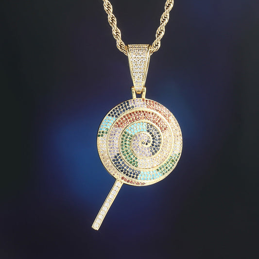 14K Gold Iced Out Multicolor Lollipop Pendant Tripodjewelry