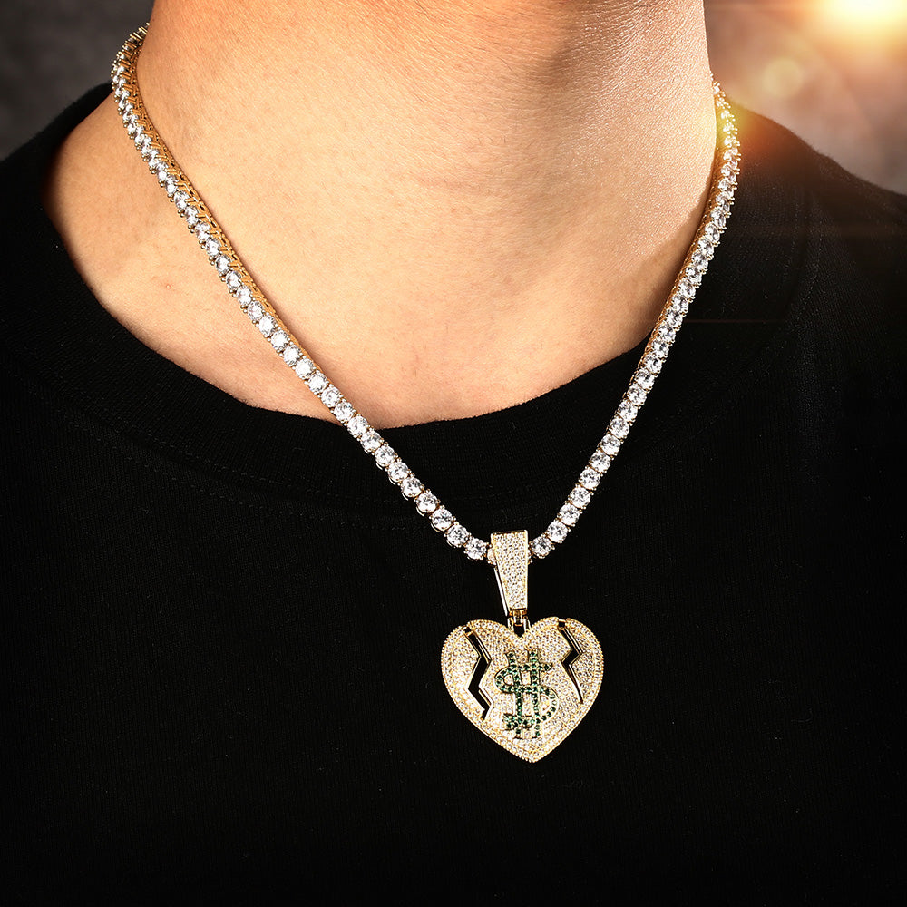 14K Gold Iced Out Broken Heart and Dollar Pendant Tripodjewelry