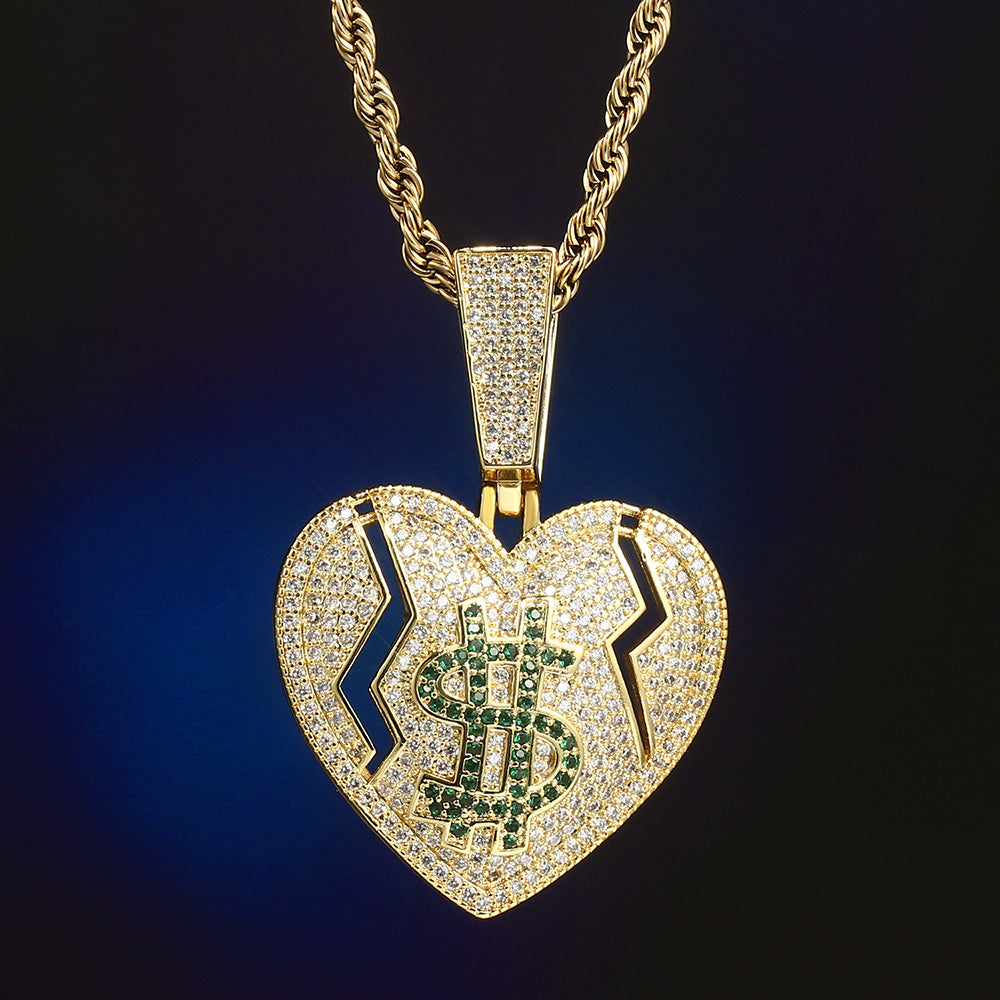 14K Gold Iced Out Broken Heart and Dollar Pendant Tripodjewelry