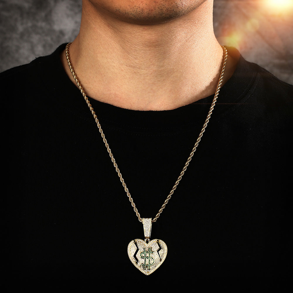 14K Gold Iced Out Broken Heart and Dollar Pendant Tripodjewelry