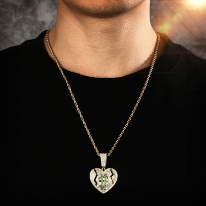 14K Gold Iced Out Broken Heart and Dollar Pendant Tripodjewelry