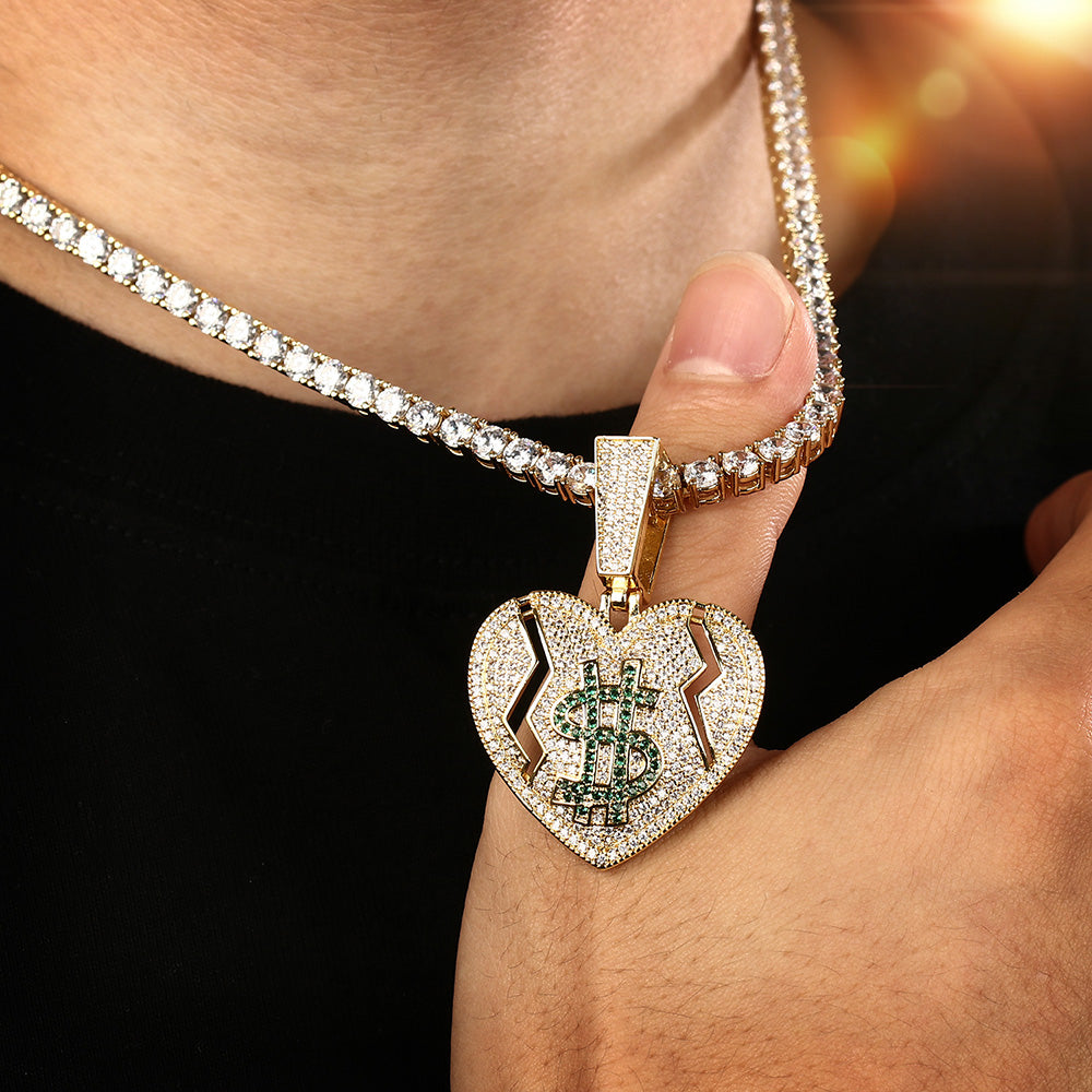 14K Gold Iced Out Broken Heart and Dollar Pendant Tripodjewelry