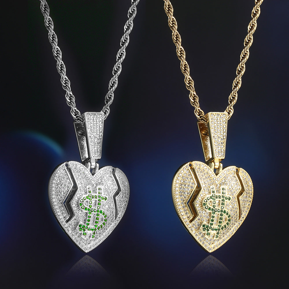White Gold Iced Out Broken Heart and Dollar Pendant Tripodjewelry